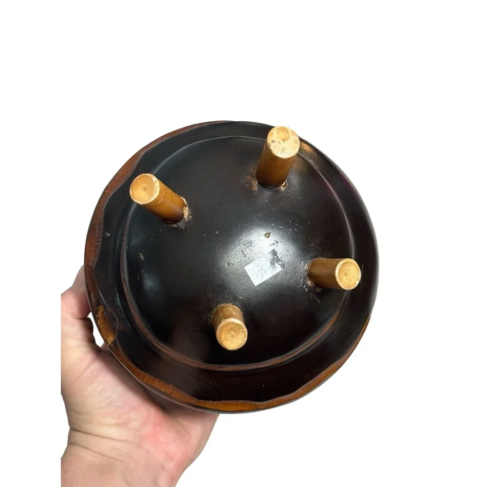 Hand Carved Wood Beehive Tripod Vase Brown Black Sculptural Boho Decor 6.5in